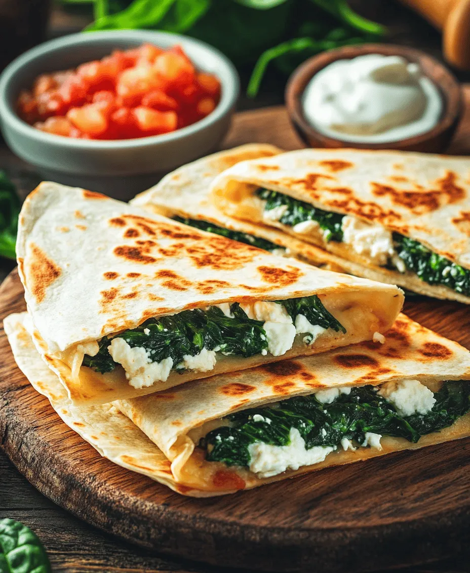 Welcome to a culinary adventure that celebrates the vibrant flavors and textures of our Spinach and Feta Quesadillas Delight. This recipe is a perfect harmony of earthiness and creaminess, combining the fresh taste of spinach with the tangy richness of feta cheese, all enveloped in the gooey, comforting embrace of mozzarella. Whether you're looking for a quick lunch, a satisfying snack, or a light dinner option, these quesadillas are not only easy to make but also packed with nutritional goodness that will please your palate and fuel your day.