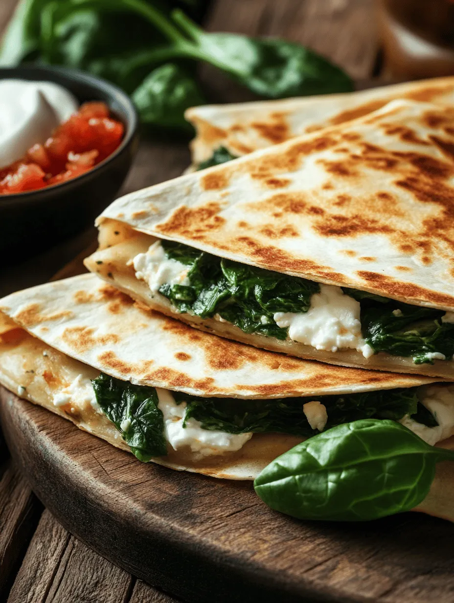 Welcome to a culinary adventure that celebrates the vibrant flavors and textures of our Spinach and Feta Quesadillas Delight. This recipe is a perfect harmony of earthiness and creaminess, combining the fresh taste of spinach with the tangy richness of feta cheese, all enveloped in the gooey, comforting embrace of mozzarella. Whether you're looking for a quick lunch, a satisfying snack, or a light dinner option, these quesadillas are not only easy to make but also packed with nutritional goodness that will please your palate and fuel your day.