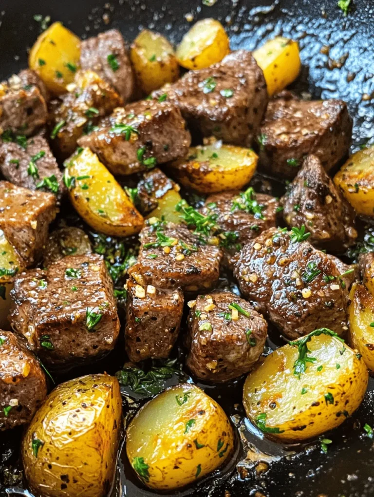 Sizzling Garlic Butter Steak and Potatoes Skillet is more than just a meal; it is an experience that brings together the rich, robust flavors of tender sirloin steak and the earthy goodness of baby potatoes, all enveloped in a decadent garlic butter sauce. This dish is not only a feast for the taste buds but also a visual delight, with its vibrant colors and inviting aroma wafting through the kitchen. Perfect for a quick weeknight dinner or a special occasion, this recipe embodies comfort food at its finest, promising to satisfy even the most discerning palates.