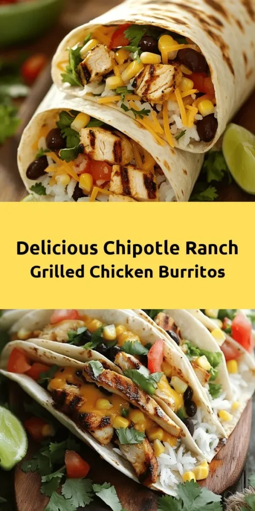 Create a fiesta at home with this easy Chipotle Ranch Grilled Chicken Burrito recipe! Marinated chicken grilled to perfection, paired with white rice, black beans, corn, and fresh veggies, all wrapped in warm tortillas and drizzled with chipotle ranch dressing. Perfect for busy weeknights or satisfying weekend cravings, this flavorful dish is a crowd-pleaser. Serve with lime wedges and cilantro for an extra burst of flavor!