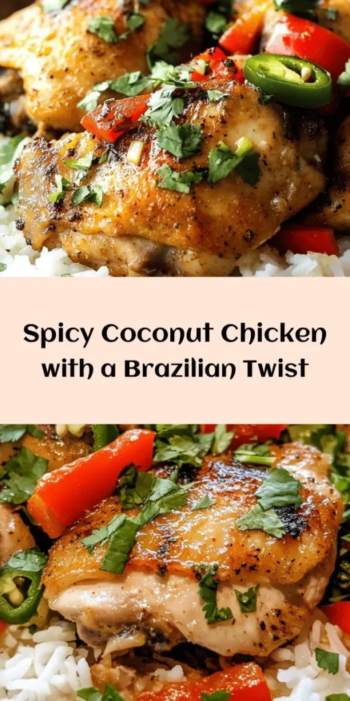 Bring some heat to your dinner table with this Spicy Brazilian Coconut Chicken! This flavorful dish features tender chicken thighs cooked in creamy coconut milk, perfectly balanced with spicy jalapeños and aromatic spices. Easy to make in under an hour, it's a fantastic weeknight meal served over fluffy rice. Marinated and simmered with fresh ingredients, this recipe is sure to satisfy your cravings for something bold and delicious. Enjoy the vibrant flavors and garnish with fresh cilantro for a colorful finish!