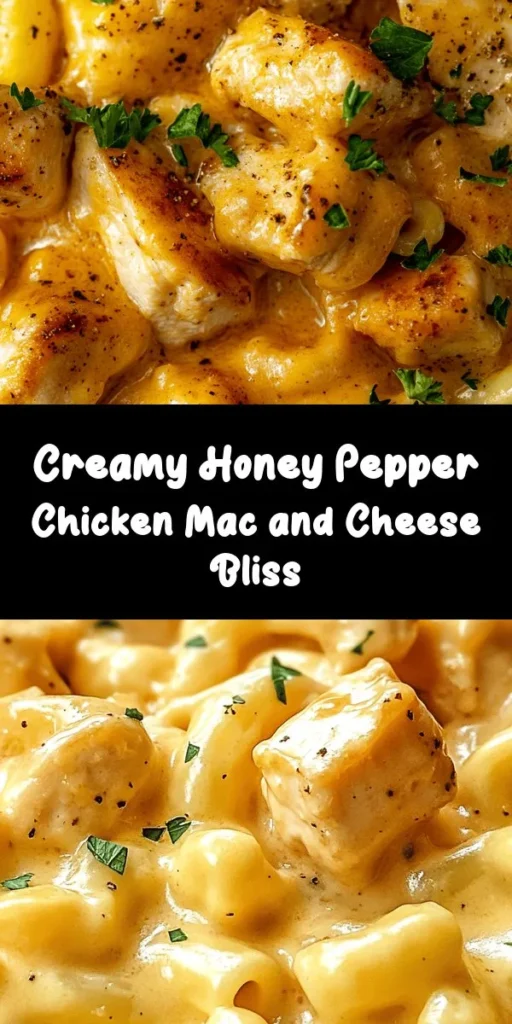 Indulge in this creamy honey pepper chicken mac and cheese delight! This comforting dish combines tender chicken, creamy cheese sauce, and a hint of sweetness from honey, making it an irresistible family favorite. In just 35 minutes, you can create a delicious meal with just a handful of ingredients. Perfect for busy weeknights or cozy weekends, this recipe is sure to impress. Don't forget to garnish with fresh parsley for that extra touch! Enjoy each cheesy bite!