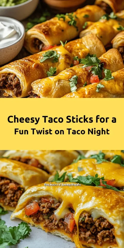 Looking for a delicious twist on taco night? Try these Cheesy Taco Sticks that are loaded with seasoned beef, melty cheeses, and fresh toppings! Easy to make with crescent roll dough, these tasty treats are perfect for dipping in sour cream, salsa, or guacamole. With just 30 minutes of prep and cook time, they make a quick weeknight dinner or a fun appetizer for any gathering. Your family will love them!