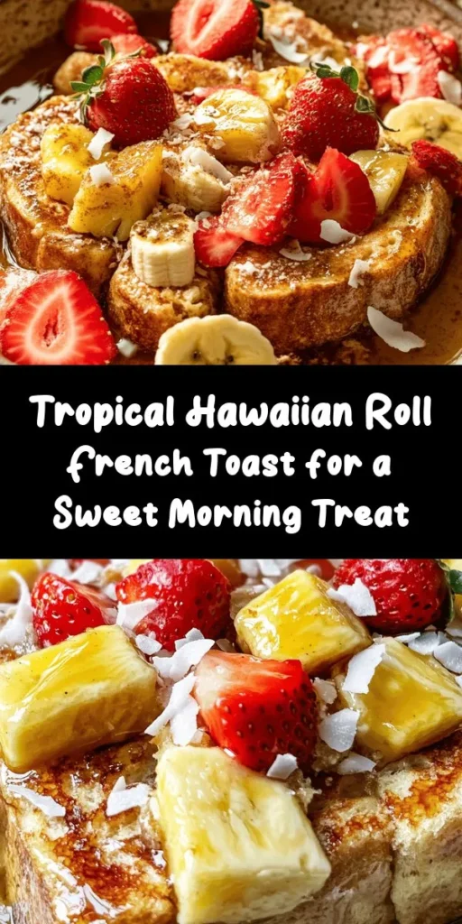 Indulge in a taste of the tropics with this Tropical Delight Hawaiian Roll French Toast! Made with soft, sweet Hawaiian rolls soaked in a rich egg mixture, this easy recipe is perfect for breakfast or brunch. Simply dip the rolls, cook to golden perfection, and top with fresh fruit and maple syrup for a delightful finish. Optional shredded coconut adds a fun twist. Whip this up in just 30 minutes for a delicious, crowd-pleasing treat! 🍍🥥🍓