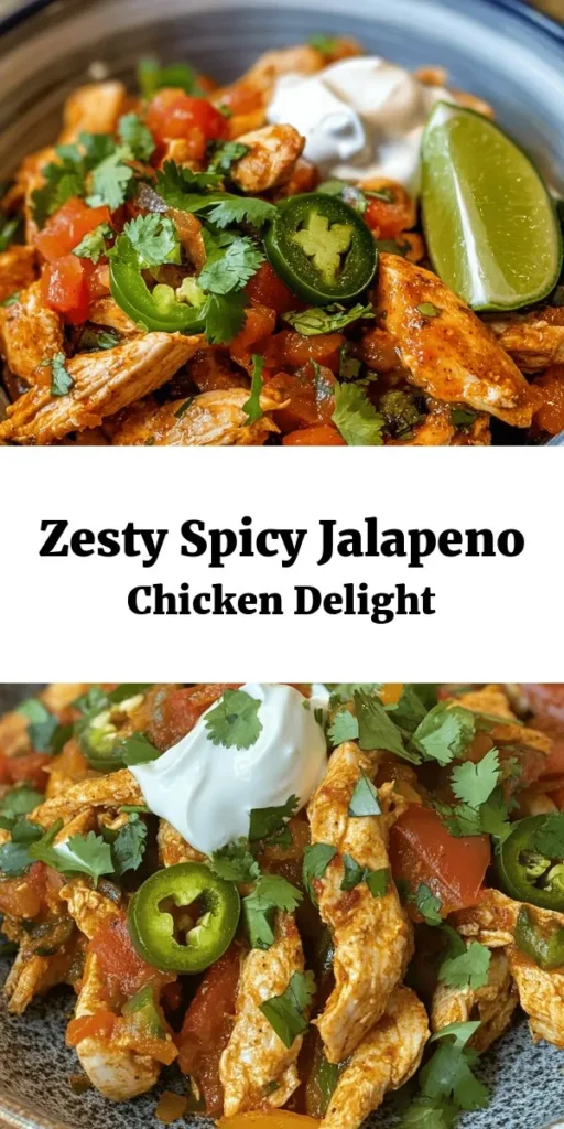 Spice up your dinner with this delicious Spicy Jalapeno Chicken! Perfectly marinated in a zesty blend of jalapeños, garlic, and spices, this dish delivers a flavorful kick that's sure to impress. With a quick prep time of just 15 minutes, you'll have juicy chicken ready in under an hour. Serve it with a sprinkle of fresh cilantro and optional sour cream or avocado for a complete meal. Ideal for those who love a bit of heat in their dishes!