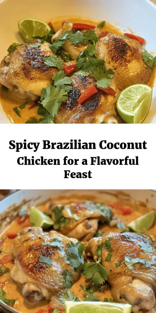 Discover the vibrant flavors of Spicy Brazilian Coconut Chicken! This dish features tender chicken thighs marinated in creamy coconut milk and zesty spices, simmered to perfection with onions, garlic, and fresh chili peppers. Easy to prepare in just one hour, it’s perfect for weeknight dinners. Serve it with rice or warm bread to soak up the delicious, spicy sauce. Don’t forget the fresh cilantro for a pop of color and flavor! Enjoy a taste of Brazil at home!