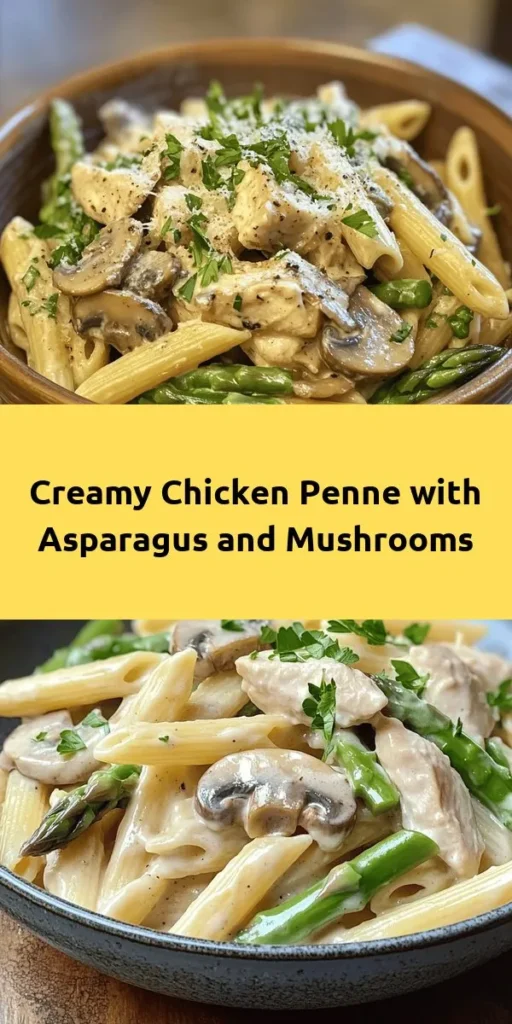 Indulge in this creamy and delicious Mushroom and Asparagus Chicken Penne! Perfect for a comforting weeknight dinner, this recipe brings together tender chicken, fresh asparagus, and earthy mushrooms in a rich Parmesan cream sauce. Ready in just 30 minutes, it's a quick and satisfying meal that’s sure to please everyone at the table. Garnish with fresh parsley for a pop of color and extra flavor. Your taste buds will thank you!