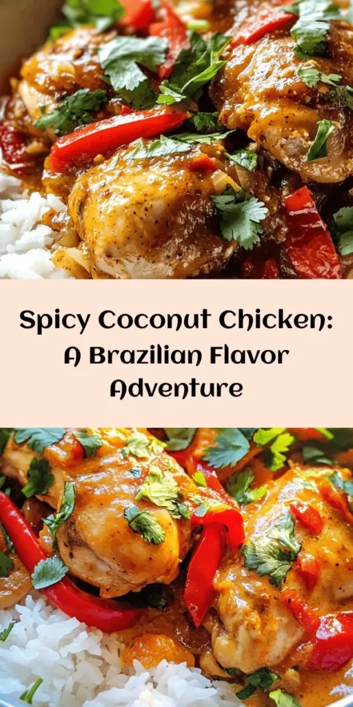 Looking for a delicious and spicy dinner idea? Try this Spicy Brazilian Coconut Chicken! With tender chicken thighs cooked in creamy coconut milk and packed with flavor from fresh chilies and spices, this dish is sure to impress. Ready in just 35 minutes, it's perfect served over rice or quinoa. Garnish with fresh cilantro for the finishing touch. Get ready for a burst of exotic flavors that will take your taste buds on a journey!