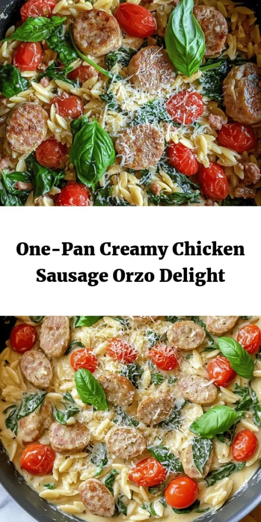 Indulge in a creamy chicken sausage orzo skillet that’s perfect for weeknight dinners! This one-pan meal combines savory chicken sausage, tender orzo, fresh spinach, and sweet cherry tomatoes, all enveloped in a luscious cream sauce. With just 30 minutes of prep, you can whip up a delicious dish that serves four. Garnish with fresh basil for a pop of flavor and enjoy a comforting bowl of goodness any night of the week! Perfect for busy families!