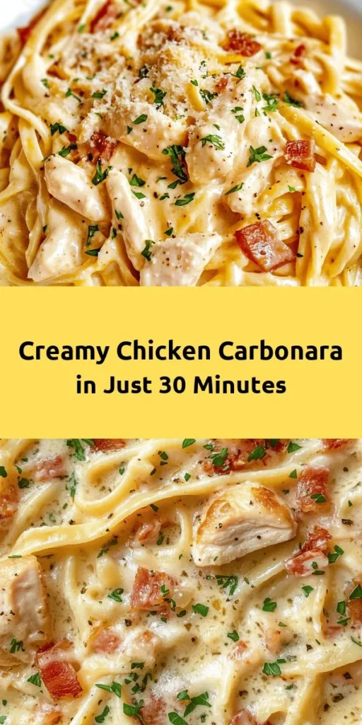Indulge in the creamy delight of Best-Ever Chicken Carbonara! This quick and delicious recipe features tender chicken breasts, crispy pancetta, and a rich sauce made from eggs, heavy cream, and Parmesan cheese. Perfect for a weeknight dinner, it takes only 30 minutes to prepare. Serve it over fettuccine or spaghetti, and don’t forget to garnish with fresh parsley and extra cheese for that finishing touch. Your taste buds will thank you!