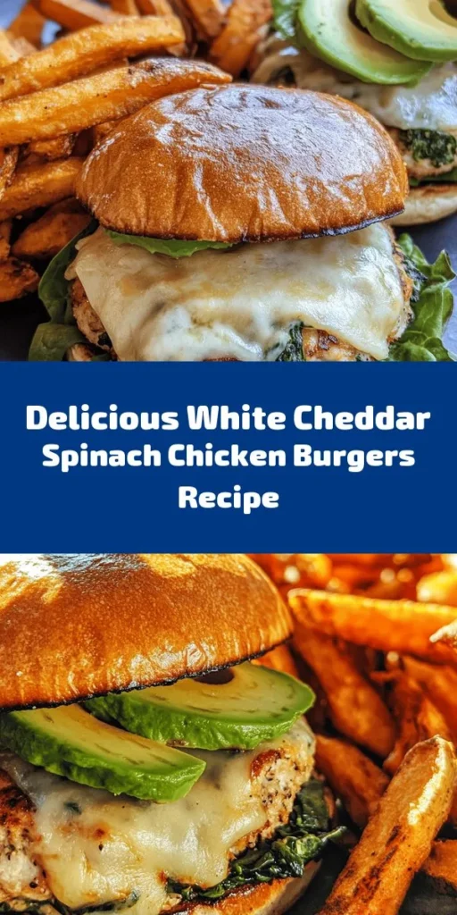 Elevate your burger night with these White Cheddar and Spinach Chicken Burgers! Made with juicy ground chicken, fresh spinach, and melty white cheddar, these flavorful patties are a delicious twist on a classic. Simple to make in just 30 minutes, they're perfect for a weeknight meal. Serve on toasted buns with your favorite toppings like avocado and garlic aioli, and pair with sweet potato fries for a nutritious feast. Perfect for family dinners!
