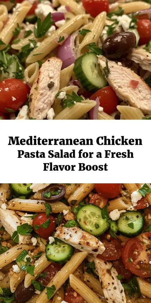 Whip up a vibrant Mediterranean Chicken Pasta Salad that’s perfect for lunch or dinner! This colorful dish features penne pasta, tender chicken, and fresh veggies like cherry tomatoes and cucumbers, all tossed in a zesty dressing. With salty Kalamata olives and creamy feta cheese, it’s a flavor-packed meal that’s both satisfying and nutritious. Ready in just 35 minutes, this salad is a delightful way to enjoy Mediterranean flavors any day of the week!
