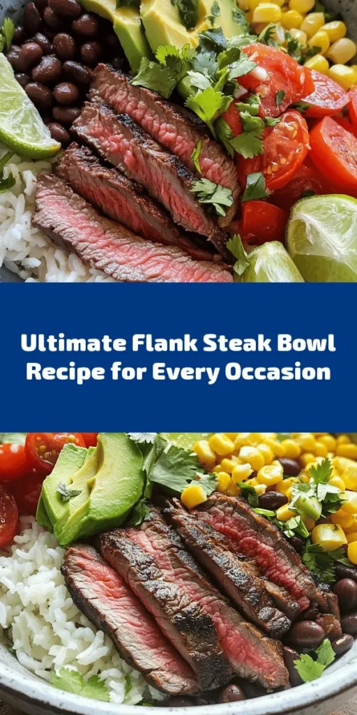 Whip up the ultimate steak bowl that’s perfect for any occasion! This flavorful dish features marinated flank steak grilled to perfection, served over a bed of rice and topped with fresh veggies like black beans, cherry tomatoes, avocado, and corn. Finish it off with cheese, cilantro, and a squeeze of lime for an explosion of flavor. It’s quick to prepare and great for meal prep. Customize with your favorite toppings for a delicious and satisfying meal!