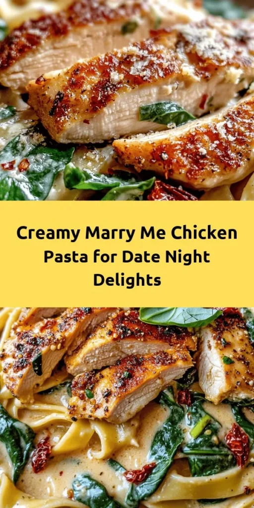 Get ready to fall in love with this Marry Me Chicken Pasta! This creamy, flavorful dish combines tender chicken, fettuccine, sun-dried tomatoes, and fresh spinach in a delicious sauce that's sure to impress. Perfect for date night or a cozy family dinner, it’s quick and easy, taking just 35 minutes from start to finish. Treat your loved ones to a meal they won’t forget! Garnish with fresh basil and enjoy every bite! 🍝❤️