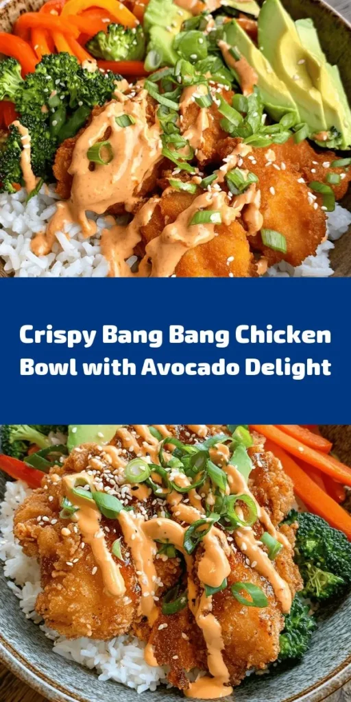 Elevate your dinner game with this Bang Bang Chicken Bowl! This delicious recipe features crispy fried chicken thighs coated in a flavorful seasoning mix, served on a bed of jasmine rice with vibrant sautéed vegetables. Drizzle it all with a creamy homemade Bang Bang sauce for a perfect balance of spice and sweetness. Topped with fresh avocado, chopped green onions, and sesame seeds, this meal is as visually appealing as it is tasty. Perfect for weeknight dinners or impressing guests!
