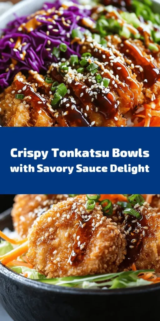 Enjoy a delicious and satisfying meal with these Crispy Tonkatsu Bowls! This recipe features perfectly cooked jasmine rice topped with succulent, breaded pork loin chops that are golden brown and crispy. A fresh slaw made of cabbage and carrots adds crunch and flavor, all drizzled with savory tonkatsu sauce. Garnish with green onions, pickled ginger, and sesame seeds for that extra touch. Perfect for a comforting dinner!