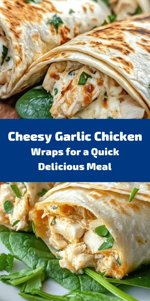 Looking for a quick and delicious meal? Try these cheesy garlic chicken wraps! Packed with tender chicken, creamy mozzarella, and a burst of garlic flavor, they’re sure to satisfy. Customize with fresh spinach, diced tomatoes, or olives for an extra twist. Perfectly grilled for a crispy finish, these wraps are not only tasty but also easy to make in just 25 minutes. Serve them warm with your favorite dipping sauce for a delightful bite!