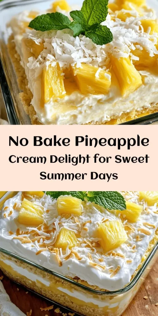 Indulge in this refreshing No Bake Pineapple Cream Dessert that’s perfect for any occasion! With a creamy blend of cream cheese, luscious whipped cream, and sweet crushed pineapple, every bite is a tropical delight. Layered with crunchy graham cracker crust and optional coconut, this dessert is both easy to make and irresistibly delicious. Simply refrigerate for a few hours, garnish with fresh pineapple and mint, and enjoy this delightful treat with family and friends!