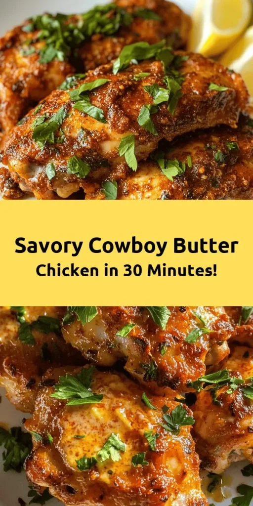 Spice up your dinner with this delicious Cowboy Butter Chicken! This simple recipe features juicy chicken thighs seared to perfection and glazed with a rich, flavorful garlic butter blend. Seasoned with smoky paprika, chili powder, and herbs, it's a dish that packs a punch. Ready in just 30 minutes, it's a quick meal for any day of the week. Garnish with fresh parsley and lemon wedges for an added zing. Perfect for family dinners or impressing guests!