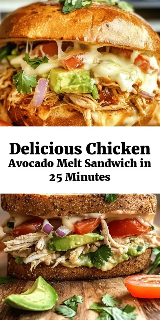 Try this delicious Chicken Avocado Melt Sandwich for a quick and satisfying meal! In just 25 minutes, you can whip up this creamy, cheesy delight using shredded chicken, mashed avocado, and fresh veggies. Perfect for lunch or a light dinner, these sandwiches are grilled to golden perfection with gooey mozzarella melted inside. Easy to make and bursting with flavor, they’re a must-try for avocado lovers! Enjoy warm with a sprinkle of cilantro!