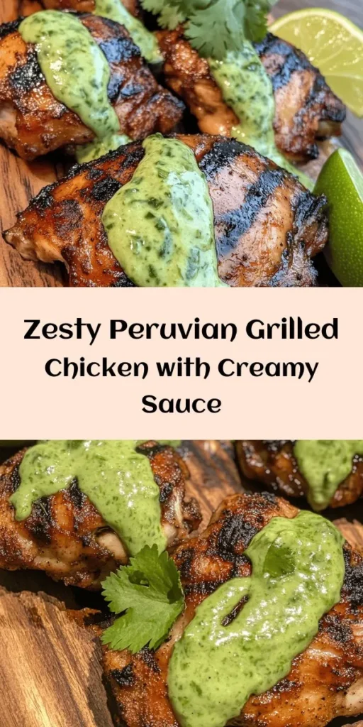 Elevate your dinner with this delicious Peruvian Grilled Chicken paired with a creamy green sauce that packs a flavorful punch. Marinated with garlic, lime, and spices, the chicken is grilled to perfection, while the fresh cilantro and jalapeño sauce adds a zesty kick. Perfect for summer barbecues or family meals, this recipe serves four and can be prepped in just 15 minutes. Enjoy a taste of Peru right at home with lime wedges and cilantro for extra flair!