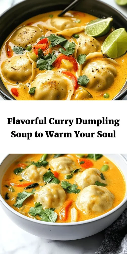 Warm up your evenings with this delightful Best Curry Dumpling Soup! This cozy dish features homemade dumplings filled with savory ground chicken or tofu, fragrant curry spices, and fresh vegetables. The creamy coconut milk adds richness to the broth, while a splash of soy sauce enhances the flavors. Perfect for sharing, this comforting soup is garnished with fresh cilantro and served with lime wedges for a burst of freshness. Your taste buds will thank you!