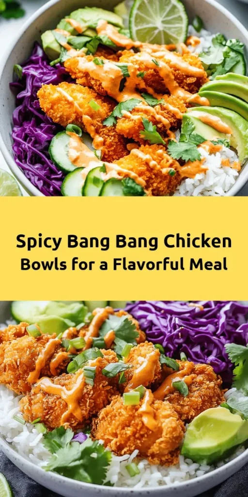 Indulge in these mouth-watering Bang Bang Chicken Bowls! Crispy fried chicken thighs are layered over fluffy jasmine rice and topped with crunchy red cabbage, fresh cucumber, and creamy avocado. Drizzle with a delectable homemade Bang Bang sauce for a burst of flavor. Perfect for a weeknight dinner, this recipe is easy to make and sure to please everyone at the table. Ready in 40 minutes, it’s the ultimate comfort meal! Don't forget the lime wedges for a zesty kick.