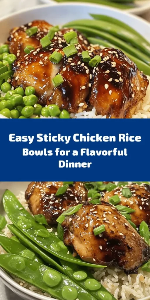Indulge in these Sticky Chicken Rice Bowls, a perfect blend of savory and sweet flavors! This recipe features marinated chicken thighs, served over fluffy jasmine rice that soaks in a delicious sauce. With only 10 minutes of prep time and ready in an hour, it's an easy weeknight dinner. Elevate your meal with fresh snap peas or broccoli, and don't forget the garnishes of green onions and sesame seeds. Simple, satisfying, and oh-so-tasty!