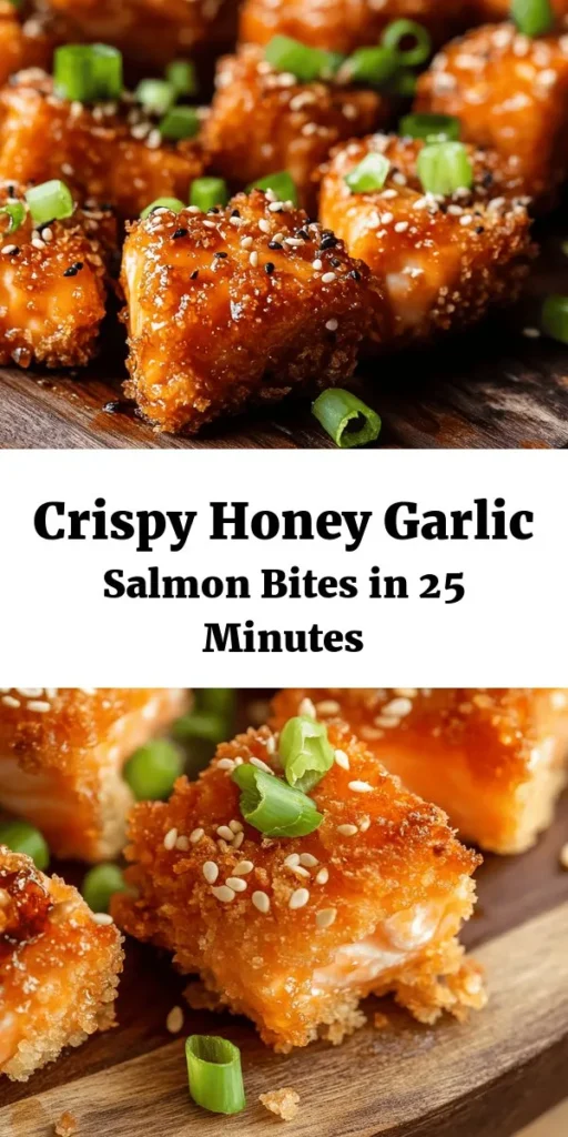 Indulge in these Crispy Honey Garlic Salmon Bites that are easy to make and bursting with flavor! Perfectly fried salmon cubes are coated in a sweet and savory honey garlic sauce that will have everyone coming back for more. With simple ingredients and a quick prep time, this dish is ideal for a weeknight dinner or a fun appetizer. Garnish with sesame seeds and green onions for an extra touch. Get ready to enjoy a delicious seafood treat!