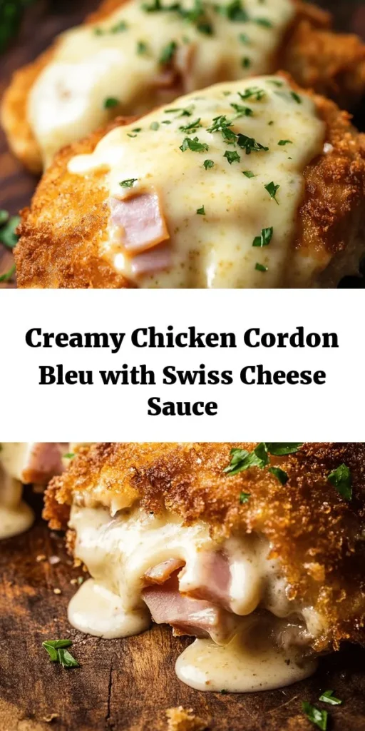 Savor the irresistible flavors of Homemade Chicken Cordon Bleu with Creamy Swiss Cheese Sauce! This easy recipe features tender chicken breasts stuffed with smoky ham and melted Swiss cheese, all coated in crispy breadcrumbs. Perfectly baked and served with a luscious cheese sauce, it's a dish that will impress your family and friends. Give it a try for a delightful dinner—simple steps and a delicious result make this a must-cook!