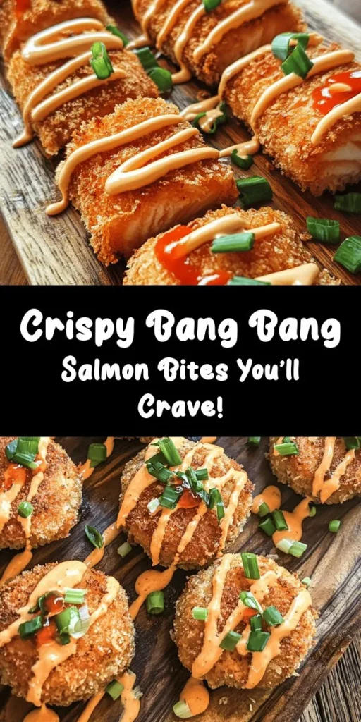 Elevate your seafood game with these mouthwatering Crispy Bang Bang Salmon Bites! Perfectly breaded and fried, these bite-sized treats are paired with a zesty bang bang sauce that adds a delightful kick. Made with fresh salmon and simple pantry ingredients, they make for an ideal appetizer or snack that will impress your family and friends. Ready in just 30 minutes, these delicious bites are sure to become a favorite! Don't forget to garnish with green onions for that perfect touch!