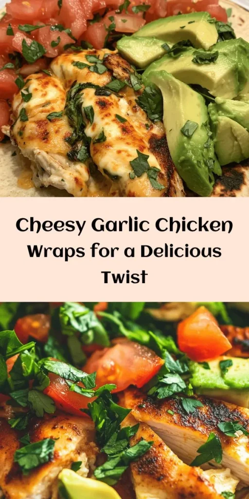 Indulge in these Cheesy Garlic Chicken Wraps that are packed with flavor and goodness! Made with tender chicken breasts, creamy mozzarella, and luscious cream cheese, these wraps come together in just 30 minutes. Add fresh spinach, diced tomatoes, and avocado for a burst of freshness. Perfect for a quick lunch or a satisfying dinner, these wraps are grilled to crispy perfection. Serve warm with your favorite dipping sauce and enjoy a tasty meal!