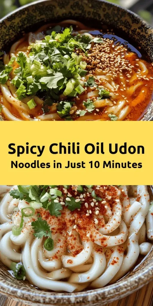 Enjoy a quick and delicious meal with these chili oil udon noodles! Ready in just 10 minutes, this recipe combines tender udon noodles with a flavorful sauce made from chili oil, garlic, and soy sauce. Toss in some spring onions, sesame seeds, and fresh herbs for an extra pop of flavor. Perfect for a cozy dinner or a satisfying lunch, these noodles are customizable for spice lovers. Try it out and savor the taste of homemade Asian comfort food!