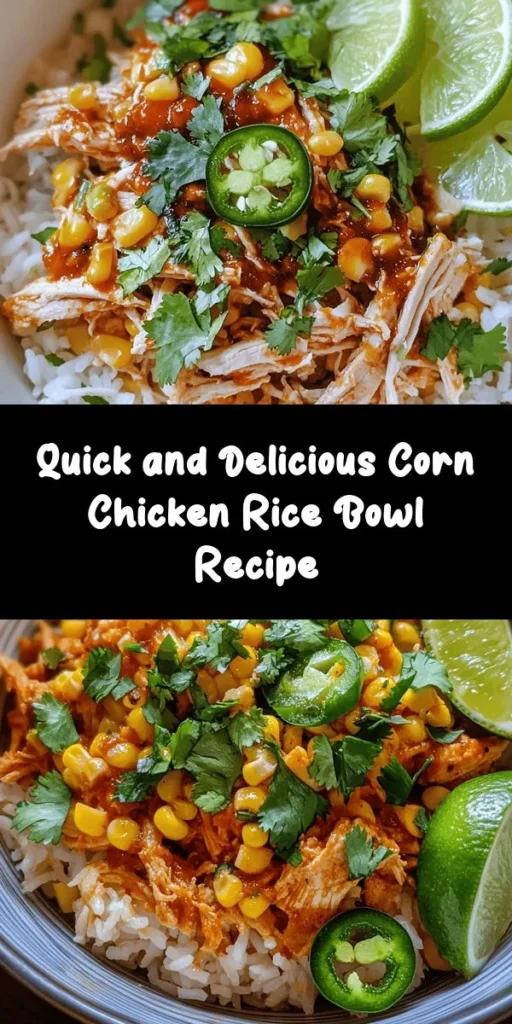 Whip up a delicious Easy Street Corn Chicken Rice Bowl in just 15 minutes! This vibrant dish combines tender shredded rotisserie chicken, sweet corn, and fluffy rice, all spiced to perfection with chili and garlic. Finish it off with a zesty squeeze of lime and fresh cilantro for a burst of flavor. Perfect for a quick weeknight dinner or a satisfying lunch. Add sliced jalapeños for an extra kick! Enjoy wholesome comfort in a bowl!