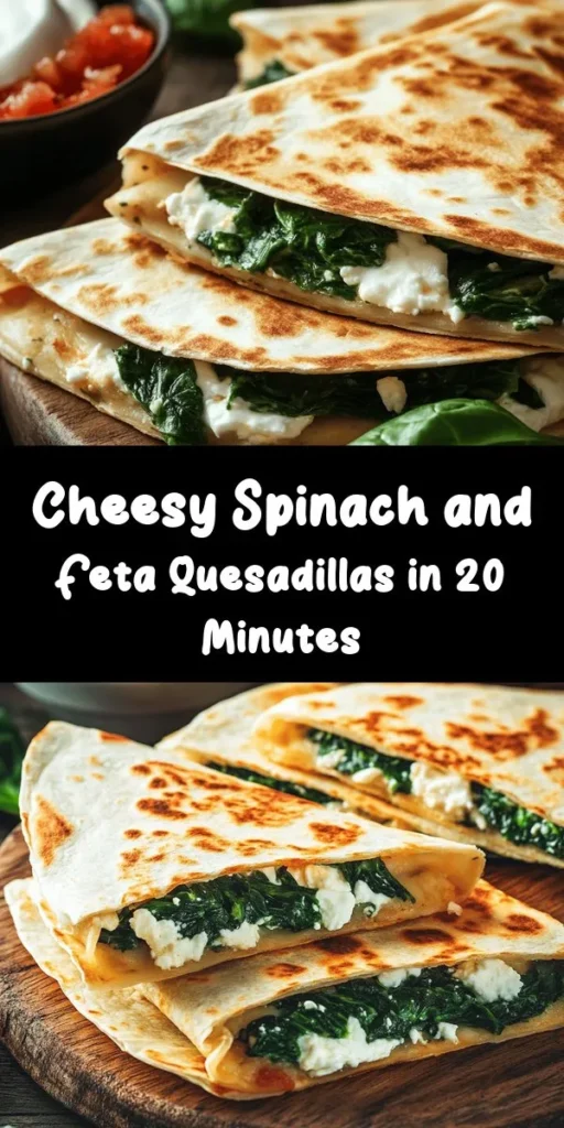 Indulge in these delicious Spinach and Feta Quesadillas that are perfect for a quick meal! With fresh spinach, creamy feta, and melty mozzarella, this recipe comes together in just 20 minutes. Sautéed garlic and optional red pepper flakes add a lovely kick. Simply fill tortillas, cook until golden, and serve with salsa and sour cream for a tasty treat. Perfect for lunch or dinner, these quesadillas are sure to impress!