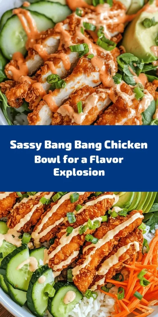 Dive into deliciousness with this Sassy Bang Bang Chicken Bowl! Perfectly fried chicken breasts drizzled with a creamy and spicy Bang Bang sauce sit atop a fluffy bed of jasmine rice and vibrant mixed greens. Topped with fresh veggies and creamy avocado, it's a satisfying meal packed with flavor and texture. Ready in just 30 minutes, this recipe is ideal for a quick dinner or a fun weekend treat. Get ready to indulge in this tasty bowl!