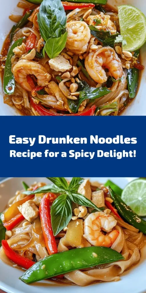 Get ready to whip up a delicious and flavorful dish with these Drunken Noodles Delight! This recipe features wide rice noodles stir-fried with garlic, Thai chilies, fresh vegetables, and your choice of protein, all tossed in a savory sauce. With a balance of spice, sweetness, and the freshness of basil and lime, every bite is a delight. Perfect for a quick weeknight meal, this dish comes together in just 30 minutes. Don’t forget to garnish with crushed peanuts for an extra crunch!