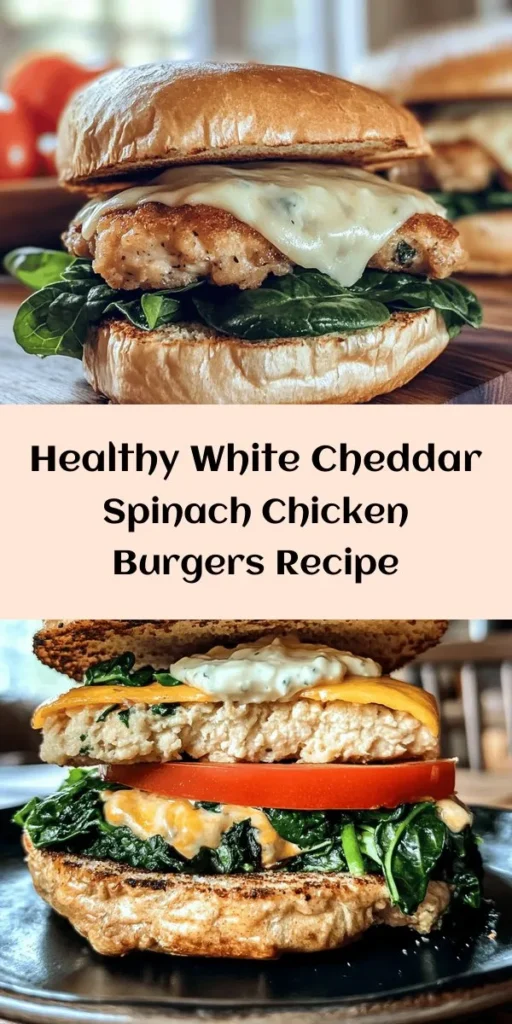Elevate your burger game with these White Cheddar and Spinach Chicken Burgers! Packed with fresh spinach, creamy white cheddar, and a flavorful blend of spices, these juicy chicken patties are a family favorite. They are easy to make and perfect for a weeknight dinner. Serve them on toasted whole-grain buns with fresh lettuce and tomatoes for a satisfying meal. Don't forget the mayo or aioli for an extra tasty touch! Enjoy deliciousness in every bite!
