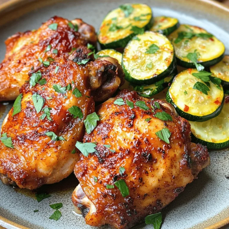 If you’re looking for a dish that embodies the essence of smoky, rich flavors paired with the refreshing brightness of seasonal vegetables, look no further than Smoky Asado Chicken with Lemon Zucchini Bliss. This delightful recipe is a perfect fusion of traditional Latin American cooking and contemporary culinary techniques, making it an ideal choice for everything from weeknight dinners to festive gatherings. Featuring juicy, marinated chicken thighs that soak up a delicious smoky marinade, this dish is complemented beautifully by sautéed zucchini, kissed by the zesty notes of lemon.