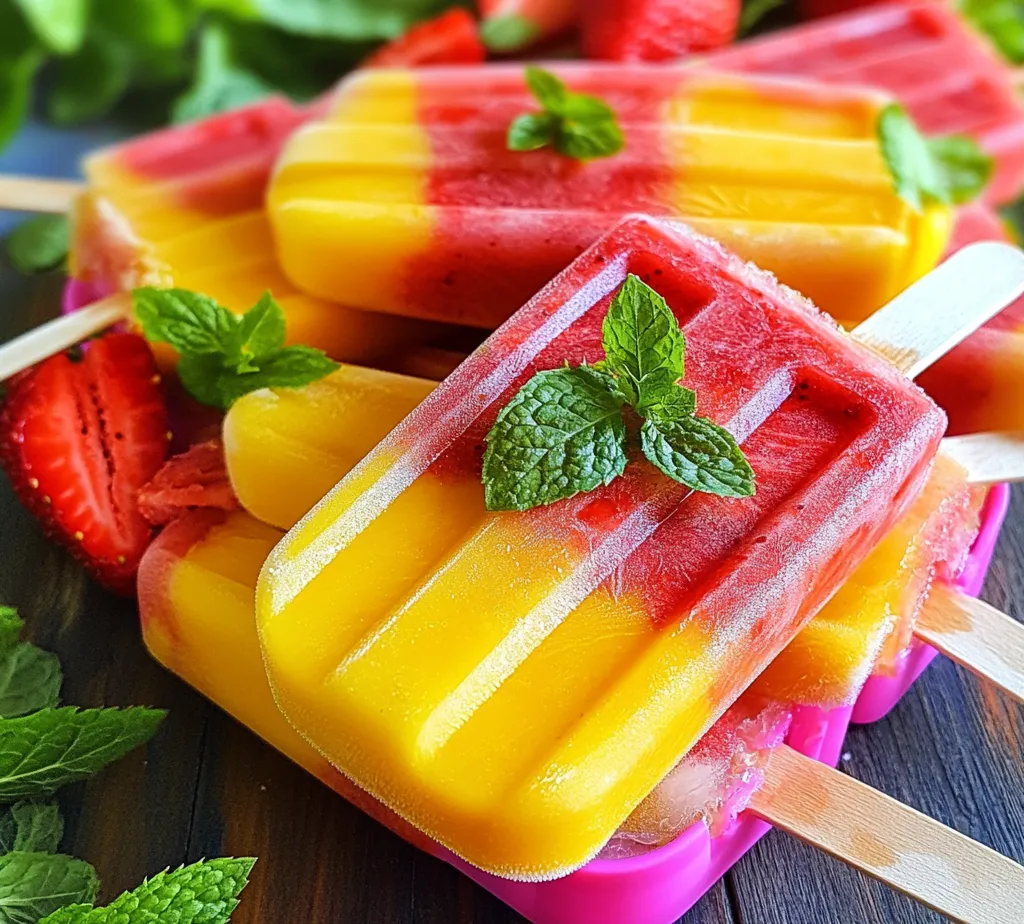 As the sun shines brighter and temperatures rise, our cravings often shift toward refreshing and revitalizing treats. Among the myriad of summer delights, popsicles hold a special place in our hearts and on our palates. With their vibrant colors and enticing flavors, they not only cool us down but also offer a fun way to enjoy seasonal fruits. Today, we bring you a delightful recipe for <strong>Tropical Bliss Strawberry Mango Popsicles</strong>.” /></p>
</p>
<h3>Creative Ideas to Enhance Your Popsicle Experience</h3>
</p>
<p>While the Tropical Bliss Strawberry Mango Popsicles are already a treat on their own, there are several creative ways to enhance your popsicle experience. Elevating the taste and presentation can turn a simple homemade dessert into a gourmet delight.</p>
</p>
<h4>Garnishing with Mint: Bringing Freshness to Each Bite</h4>
</p>
<p>One of the simplest yet most effective ways to elevate your popsicle is by garnishing it with fresh mint leaves. Not only does mint add a vibrant splash of color, but it also introduces a refreshing flavor that beautifully complements the sweetness of strawberries and mangoes. To garnish, simply chop some fresh mint leaves finely and sprinkle them on top of your popsicles right before serving. You can also add a whole leaf as a decorative touch, which not only enhances the visual appeal but also adds an aromatic element to each bite.</p>
</p>
<h4>Pairing with Other Fruits: Exploring Combinations Like Pineapple and Kiwi</h4>
</p>
<p>The beauty of homemade popsicles lies in their versatility. Feel free to experiment with other fruits that can enhance the flavor profile of your Tropical Bliss Popsicles. For example, adding fresh pineapple can introduce a tropical zing that pairs perfectly with strawberries and mangoes. You could also consider including kiwi for a tangy twist. To create a mixed fruit popsicle, chop these fruits into small pieces and layer them within the popsicle molds before adding the strawberry-mango puree. This not only enhances the flavor but also creates a visually stunning centerpiece with colorful layers.</p>
</p>
<h4>Making it Dairy-Free: Options for Adding Creaminess Without Dairy</h4>
</p>
<p>For those looking to enjoy a creamier texture without dairy, there are numerous alternatives to consider. Coconut milk is an excellent option that not only adds a rich creaminess but also complements the tropical flavors beautifully. Simply replace a portion of the coconut water in the original recipe with full-fat coconut milk for a richer popsicle. Alternatively, you can use almond milk or cashew cream for a nutty flavor and creaminess. If you want to maintain that delightful tropical feel, consider using flavored options like vanilla or coconut-flavored almond milk.</p>
</p>
<h4>Experimenting with Flavors: Infusing Herbs or Spices for Added Complexity</h4>
</p>
<p>For the adventurous home cook, infusing your popsicles with herbs or spices can add an unexpected twist that tantalizes the taste buds. Consider blending in a few basil leaves or a sprig of rosemary into your fruit puree before pouring it into the molds. The herbal notes can elevate the popsicle and create a more complex flavor profile. You might also experiment with spices like ginger or cinnamon for a warming effect. Start with a small amount, as these flavors can become quite pronounced.</p>
</p>
<h3>The Nutritional Value of Tropical Bliss Popsicles</h3>
</p>
<p>Homemade Tropical Bliss Strawberry Mango Popsicles not only tantalize your taste buds but also offer nutritional benefits that make them a guilt-free indulgence.</p>
</p>
<h4>A Closer Look at the Health Benefits of Enjoying These Popsicles</h4>
</p>
<p>Strawberries and mangoes are both nutrient-dense fruits that contribute significantly to the overall health benefits of these popsicles. Strawberries are rich in antioxidants, vitamins C and K, and folate. They are known to support heart health and improve blood sugar levels. Mangoes, on the other hand, are packed with vitamins A and C, fiber, and various phytochemicals that may aid digestion and enhance immunity.</p>
</p>
<h4>Caloric Breakdown and Serving Size Analysis</h4>
</p>
<p>One serving of these popsicles, typically around one popsicle, contains approximately 60-80 calories, depending on the amount and type of sweetener used. This makes them a low-calorie alternative to many store-bought frozen treats, which can often contain upwards of 150-200 calories per serving. This refreshing dessert can satisfy your sweet tooth without derailing your health goals.</p>
</p>
<h4>Vitamins and Minerals Provided by Strawberries and Mangoes</h4>
</p>
<p>Strawberries provide a wealth of vitamins, particularly vitamin C, which is vital for skin health and immune support. Mangoes are an excellent source of vitamin A, which is essential for maintaining healthy vision and skin. Together, these fruits create a powerhouse of vitamins and minerals that contribute to overall well-being.</p>
</p>
<h4>Hydration Benefits from Coconut Water</h4>
</p>
<p>Using coconut water as a base not only adds natural sweetness but also enhances hydration. Coconut water is known for its high electrolyte content, making it an excellent choice for rehydration, especially in the heat of summer. This makes the popsicles not only a refreshing treat but also a way to replenish lost fluids on hot days.</p>
</p>
<h4>Comparative Analysis of Natural Sweeteners Versus Refined Sugars</h4>
</p>
<p>When it comes to sweetening your popsicles, opting for natural sweeteners like honey or agave syrup is a healthier choice compared to refined sugars. Natural sweeteners often come with additional nutrients and have a lower glycemic index, which means they won’t spike your blood sugar levels as much as refined sugars do. This makes your Tropical Bliss Popsicles a healthier option, allowing you to enjoy sweetness without the guilt.</p>
</p>
<h3>Why Homemade Popsicles are Better</h3>
</p>
<p>Making your own popsicles at home comes with a host of advantages that make it a worthwhile endeavor.</p>
</p>
<h4>Highlighting the Advantages of Making Popsicles at Home</h4>
</p>
<p>One of the most significant benefits of homemade popsicles is the control you have over the ingredients. You can select fresh, organic fruits and avoid preservatives and artificial flavors commonly found in commercial popsicles. This ensures that you are serving your family and friends a treat that is not only delicious but also wholesome.</p>
</p>
<h4>Cost-Effective Alternatives to Store-Bought Treats</h4>
</p>
<p>Homemade popsicles can also be a cost-effective alternative to store-bought treats. Ingredients like strawberries, mangoes, and coconut water are often available at lower prices when purchased in season. Plus, you can make a large batch at once, saving both time and money in the long run. This makes it easy to enjoy a refreshing dessert without breaking the bank.</p>
</p>
<h4>Customizable Recipes for Dietary Needs or Preferences</h4>
</p>
<p>When you make popsicles at home, you can easily customize the recipe to suit dietary needs or preferences. Whether you are vegan, gluten-free, or following a low-sugar diet, homemade popsicles can be adjusted to fit your requirements. You can experiment with various fruit combinations, sweeteners, and bases to create a treat that everyone can enjoy.</p>
</p>
<h4>Encouraging Creativity in the Kitchen</h4>
</p>
<p>Lastly, making popsicles at home encourages creativity in the kitchen. You can try out different flavor combinations, textures, and garnishes, turning the popsicle-making process into a fun and engaging activity. Involve your children or friends in the process, and you may discover new favorite flavors together!</p>
</p>
<h3>Conclusion</h3>
</p>
<p>Tropical Bliss Strawberry Mango Popsicles not only serve as a delightful way to cool off during hot days but also offer numerous health benefits, making them a guilt-free indulgence. With simple ingredients and an easy preparation process, these popsicles are perfect for both adults and children alike. Embrace the delightful fusion of flavors, and enjoy the refreshing taste of summer all year round with this homemade treat.</p>
</p>
<p>By incorporating fresh mint, experimenting with fruits, and utilizing natural sweeteners, you can elevate your popsicle-making experience. Plus, the nutritional value of strawberries, mangoes, and coconut water ensures that each popsicle is not only delicious but also nourishing. So grab your molds, gather your ingredients, and embark on a fun-filled culinary adventure that will satisfy your cravings and keep you cool throughout the warm months ahead.</p>
<div id=