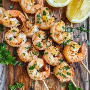 Grilled Lemon Garlic Shrimp Skewers are a culinary masterpiece that perfectly embodies summer's essence. Picture succulent shrimp marinated in a zesty blend of lemon juice, garlic, and a hint of fresh herbs, all threaded onto skewers and grilled to perfection. The visual appeal is as enticing as the flavor itself; the shrimp take on a beautiful charred exterior, complemented by a glossy sheen from the marinade. Each bite bursts with a symphony of citrusy brightness and savory depth, offering a taste of the ocean that is both refreshing and satisfying.