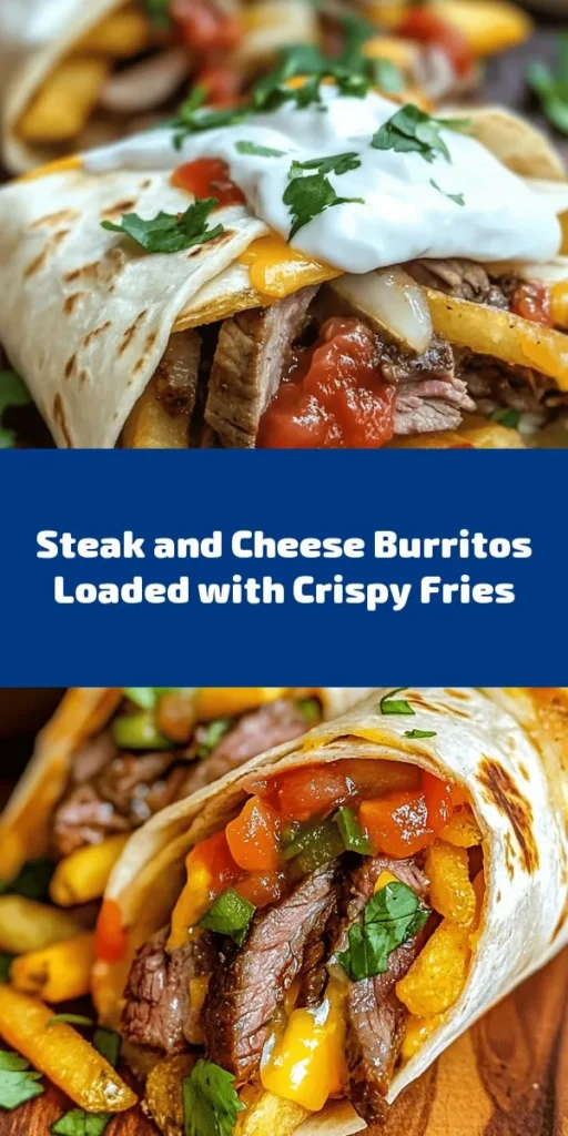 Get ready to indulge in these delicious Steak & Cheese Dirty Fry Burritos! Packed with tender, seasoned steak, sautéed onions, crispy french fries, and melted cheese, these burritos are a fun twist on a classic. Perfect for a quick dinner or a game day treat, this easy recipe combines flavors and textures that are sure to please. Drizzle with sour cream and salsa, and enjoy a burst of flavor in every bite! Easy to make and utterly satisfying!