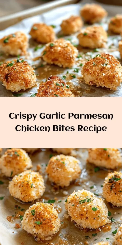 Satisfy your cravings with these crispy garlic parmesan chicken bites! Perfect for parties, game nights, or a delicious snack, these bite-sized pieces of chicken are coated in a flavorful mix of breading, Parmesan, and garlic, then baked to perfection. Serve them hot with your favorite dipping sauce for a mouthwatering treat. Quick to prepare and packed with flavor, this recipe will become a family favorite in no time. Enjoy!