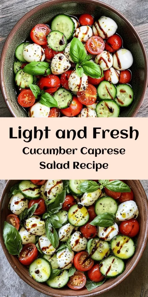 Enjoy a light and refreshing Cucumber Caprese Salad that's perfect for summer gatherings or healthy snacking! This vibrant dish combines crunchy cucumbers, juicy cherry tomatoes, and creamy mozzarella, all tossed together with fresh basil and a drizzle of olive oil. Optional balsamic glaze adds a sweet touch. Quick to make in just 15 minutes, it's a delightful side salad that you won't want to miss! Perfect for serving 4-6.