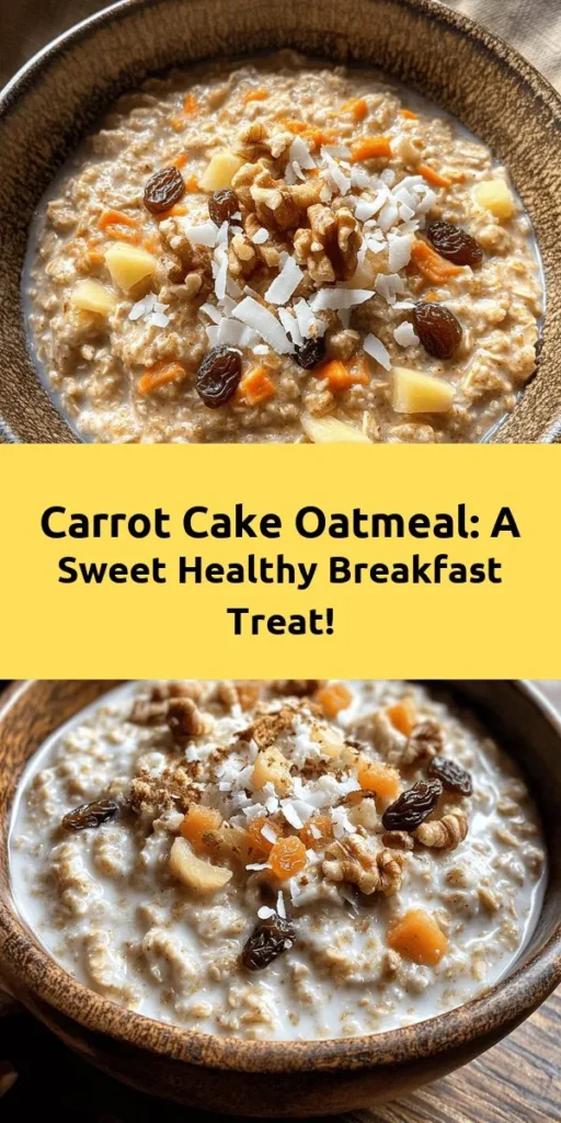 Start your day with a warm bowl of Carrot Cake Oatmeal Delight! This delicious and nutritious recipe combines rolled oats with grated carrot, crushed pineapple, and a blend of spices for a flavor-packed breakfast. It's easy to make in just 15 minutes and can be customized with your favorite toppings like walnuts or Greek yogurt. Perfect for a cozy morning, this oatmeal is a delightful twist on classic carrot cake that the whole family will love!