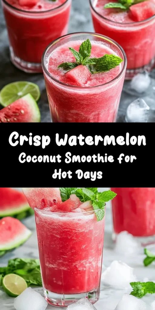 Cool off this summer with a refreshing Watermelon Smoothie made with coconut water! This delicious blend features ripe watermelon, creamy banana, and a hint of fresh mint, all brightened by a splash of lime juice. Perfect as a quick snack or a healthy breakfast, this smoothie is easy to make in just 10 minutes. Customize with Greek yogurt for extra creaminess, or sweeten it up with honey. Cheers to a tasty treat that’s as nutritious as it is refreshing!