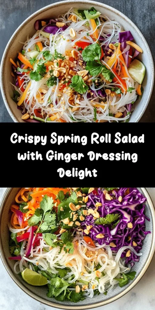 Elevate your mealtime with this Crispy Spring Roll Salad featuring a zesty ginger dressing! Packed with fresh veggies like cabbage, carrots, and bell peppers, this colorful dish is not only visually appealing but bursting with flavor. With optional shrimp or tofu for protein and a sprinkle of crunchy peanuts or cashews, it's a satisfying and nutritious choice. Perfect for a light lunch or dinner, enjoy this dish in just 25 minutes!