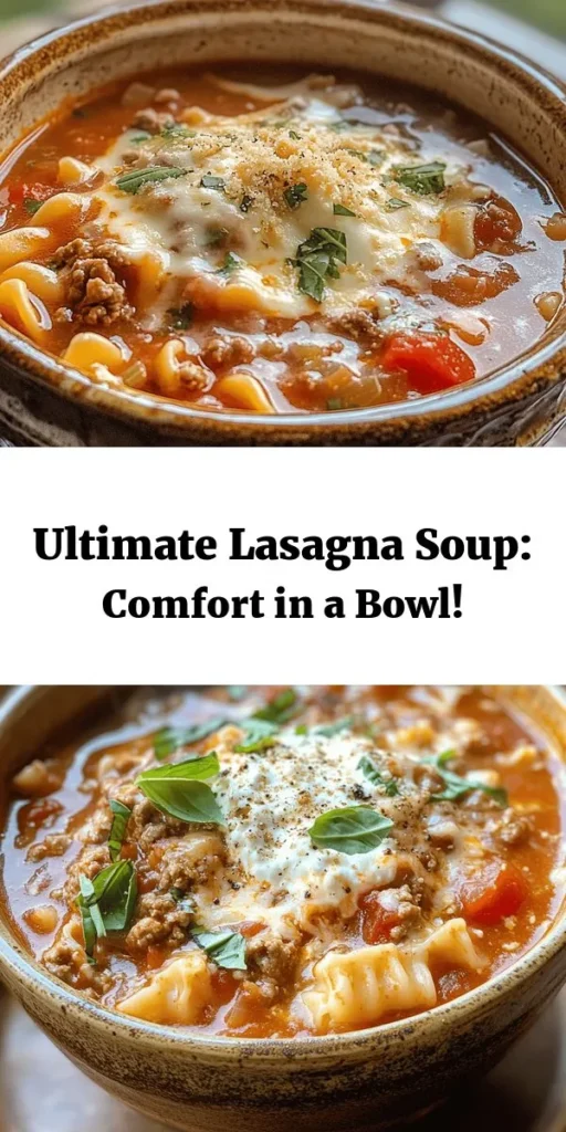 Discover the joy of comfort food with this delightful Lasagna Soup recipe! Packed with rich flavors, it's made with ground beef or Italian sausage, diced onions, garlic, crushed tomatoes, and pasta, all simmered to perfection. Creamy ricotta and melty mozzarella bring it all together. Perfect for cozy dinners, this soup is easy to make and sure to impress. Garnish with fresh herbs for an extra touch. Ready in just 45 minutes, it’s a must-try!