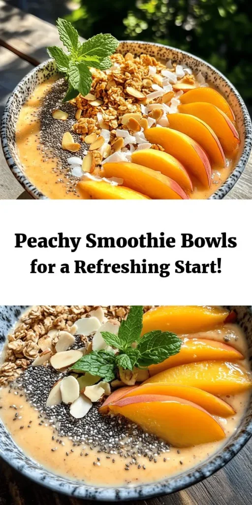 Dive into the delightful world of peach smoothie bowls! This refreshing and creamy treat is made with ripe peaches, frozen banana, Greek yogurt, and a splash of almond milk. Topped with fresh peach slices, crunchy granola, chia seeds, and a sprinkle of mint, it's perfect for breakfast or a healthy snack. Quick to prepare in just 10 minutes, this recipe serves two and offers a burst of flavor that will energize your day. Enjoy!