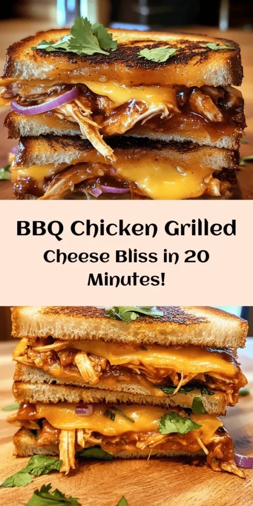 Indulge in the ultimate comfort food with this BBQ Chicken Grilled Cheese! This mouthwatering sandwich combines shredded chicken mixed with your favorite BBQ sauce, layered between slices of buttery sourdough and two kinds of melty cheese. Grill it to golden perfection for a crispy, gooey delight. Perfect for a quick lunch or a cozy dinner, serve it with pickles or a fresh salad for the complete experience. Enjoy this tasty treat in just 20 minutes!
